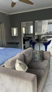 约翰内斯堡389b Beautiful Bachelor Cottage的带沙发的客厅和厨房