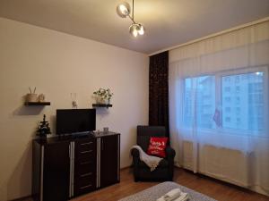 RoşuCosy Spacious Apartment with Parking, Wi-Fi, Smart-TV Netflix的客厅配有电视、椅子和窗户