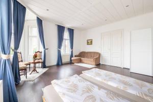 维也纳Charming spacious apartment的客厅配有蓝色窗帘和沙发