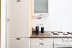 维也纳Charming spacious apartment的白色的厨房配有炉灶和微波炉。