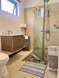 Baie du TombeauKozy Korner Apartment的带淋浴、卫生间和盥洗盆的浴室