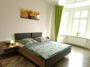 布兰肯堡Holiday Home Schloßblick的一间卧室设有一张床和两个窗户。