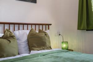 阿尔滕马克特蓬高Haus.1800的一张带绿色和白色枕头的床和一盏灯