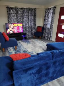 Dickenson BaySilverbuttons Apartments & Eats的客厅配有蓝色的沙发和平面电视。