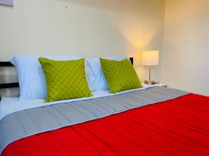 圣何塞The Rainier Bed & Breakfast 5的一张带红色毯子和绿色枕头的床
