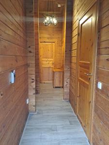 GramsbergenJuromi 42的小屋的走廊,设有木墙和门