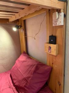埃普延Anacrusa Hostel的小房间一张带粉红色枕头的床