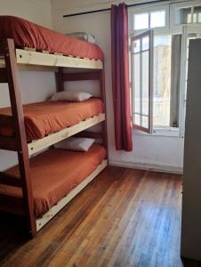 圣地亚哥Wild Bellavista Hostel的客房设有两张双层床和一扇窗户。
