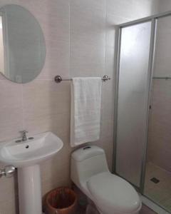 巴拿马城HOTEL BLUE COSTA Panama的一间带卫生间、水槽和镜子的浴室