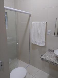 阿帕雷西达Pousada Mundo Novo的带淋浴、卫生间和盥洗盆的浴室