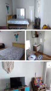卡波布里奥kitinet Cabo Frio的卧室两张图片,配有一张床和电视