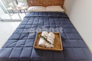 亚松森Comfy Loft Bbq Terrace And Balcony的一张带蓝色床单和鞋子的床