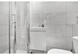 伦敦Experience Local: Quaint Studio in Cental Location的带淋浴和卫生间的白色浴室
