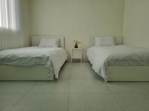 首尔hongdae Gangnam line 2 st 1 min的两张睡床彼此相邻,位于一个房间里