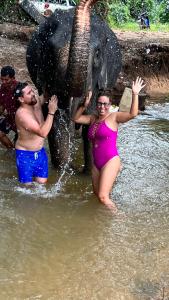 奥南海滩At Thara Aonang的两个人站在水里,一只大象