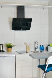 马拉加Larios Premium Apartments的白色的厨房配有水槽和微波炉