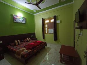 ShivpuriRatan Homestay的一间卧室设有一张带绿色墙壁和天花板的床。
