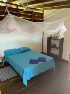 拉利伯塔德Casa GaNiMo - propiedad privada, frente al mar的一间卧室配有一张蓝色的床和蚊帐