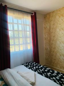 埃尔多雷特Rorot 1 bedroom Kapsoya with free wifi and great views!的窗户和床罩的房间里一张床位