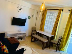 埃尔多雷特Rorot 1 bedroom Kapsoya with free wifi and great views!的客厅配有沙发、桌子和书桌