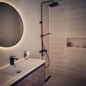 Al RahbaMy Resort的带淋浴、盥洗盆和镜子的浴室