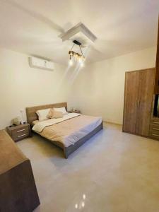 哈伊勒منتجع شرفا السياحي البيئي的一间卧室配有一张床和吊扇