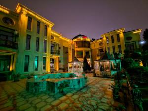 巴库Manor Luxury Hotel Baku的一座大型建筑,前面有一个喷泉
