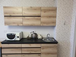阿克托比2-ух комнатная квартира Юнис Сити г.Актобе的厨房柜台设有水槽和微波炉