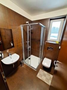 斯维德尼克Penzión Stavbet的带淋浴、卫生间和盥洗盆的浴室