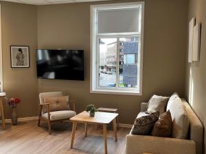 莫斯Moss Hotel & Apartments的带沙发和窗户的客厅