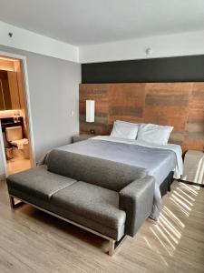 圣保罗Flat particular incrível dentro do hotel M Ibirapuera em Moema的一间卧室配有一张大床和一张沙发