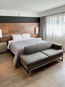 圣保罗Flat particular incrível dentro do hotel M Ibirapuera em Moema的一间卧室配有一张大床和一张沙发