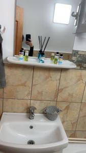 阿祖加Nova Montan Azuga的浴室里的一个水槽,有一个人拍照