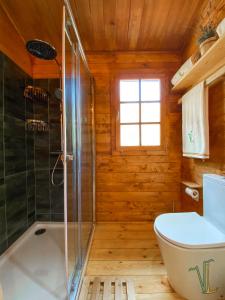 塞图巴尔Vale do Laranjal的带淋浴、卫生间和浴缸的浴室