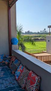 卢克索Yasmine Guest House的阳台配有枕头,享有田野美景。