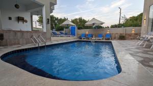 卢克索Yasmine Guest House的一个带蓝色椅子的游泳池