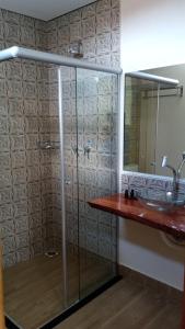 德尔菲诺波利斯Pousada São José na Canastra的带淋浴、水槽和镜子的浴室