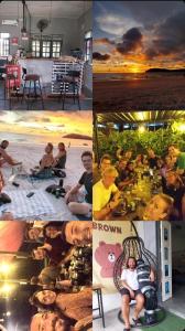 珍南海滩兰卡威盒子青年旅馆的儿童玩耍和吃饭的照片拼凑而成