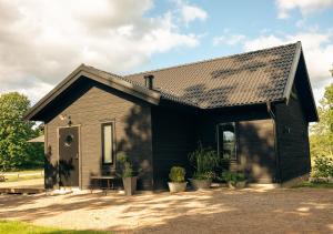 艾尔姆胡尔特Newly built cottage with jacuzzy and sauna的黑色房子,有斜屋顶