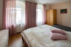 Sehmagemütliche Ferienwohnungen im Erzgebrige的一间卧室配有带两个枕头的床和窗户