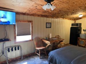 奥沙克湖Buddy's Harbor的一间卧室配有一张床、一张书桌和一台电视。