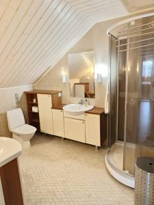 LohjaHuvila Lohja的浴室配有盥洗盆、卫生间和淋浴。