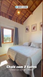 蒙特韦尔迪Chales Campestre Monte Verde - 150 mts do Centro的一间卧室设有一张大床和窗户