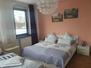 施内贝格Familienfreundliche Ferienwohnung Erzgebirge的一间卧室设有一张床、一个窗户和一个吊灯。