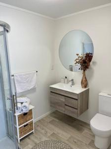 帕帕莫阿Pāpāmoa Beach Studio Oasis的一间带水槽、卫生间和镜子的浴室