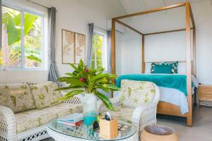 MarigotModern 1 bed guesthouse with pool and ocean view的客厅配有沙发、桌子和床。