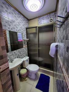 Alto HospicioHotel La Pampa的浴室配有卫生间、盥洗盆和淋浴。