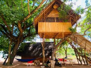 蒂瑟默哈拉默Yala Village Eco Tree House的树屋,树上设有吊床