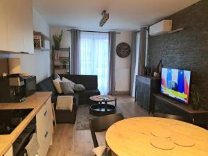 奥斯特罗达Apartament Drwęcka的客厅配有沙发和带电视的桌子