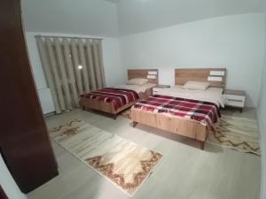 佩奇Pejë的一间卧室设有两张床和窗户。